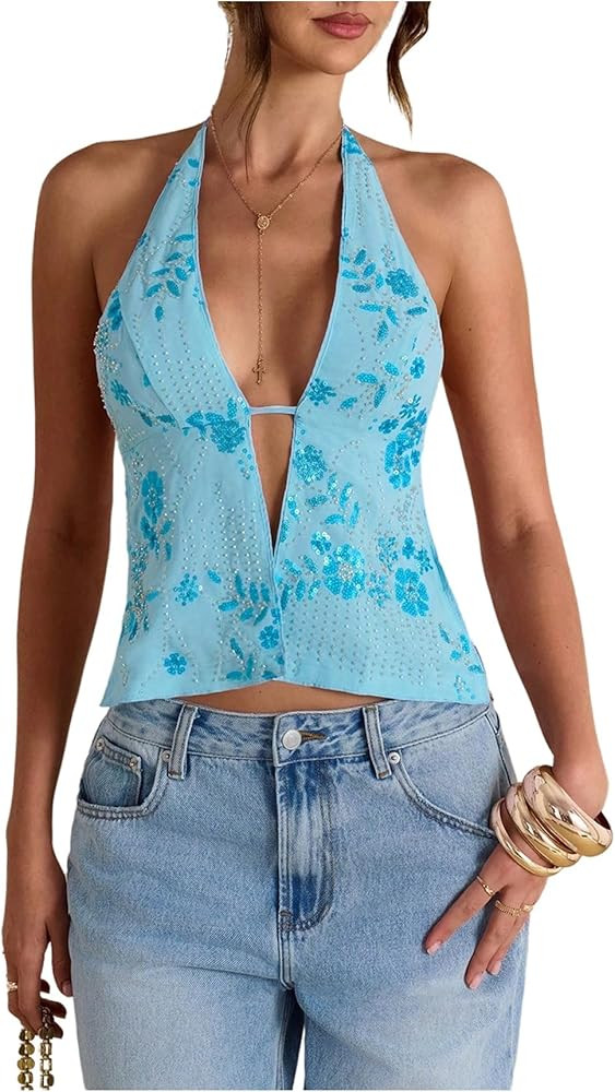 MakeMeChic Women's Floral Textured Halter Top Sleeveless Tie Back Elegant Cami Crop Tops | Amazon (US)
