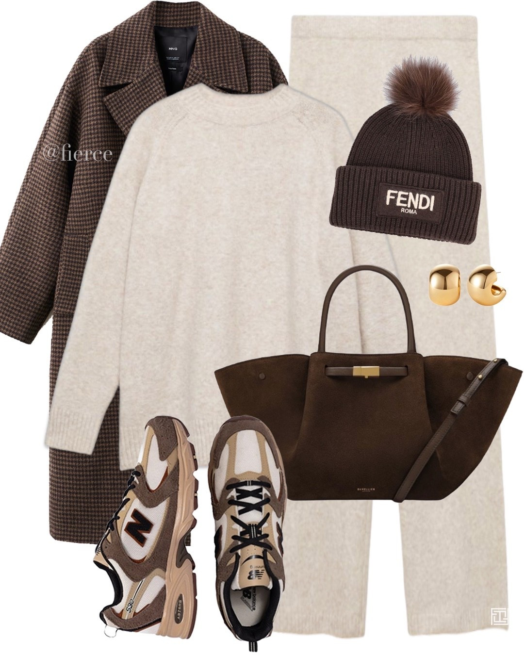 Cream knitted set knitted trousers new balance 530 chocolate brown tote bag brown Pom Pom Fendi hat houndstooth brown coat casual weekend outfit school run travel 

#LTKwinter #LTKuk #LTKeurope