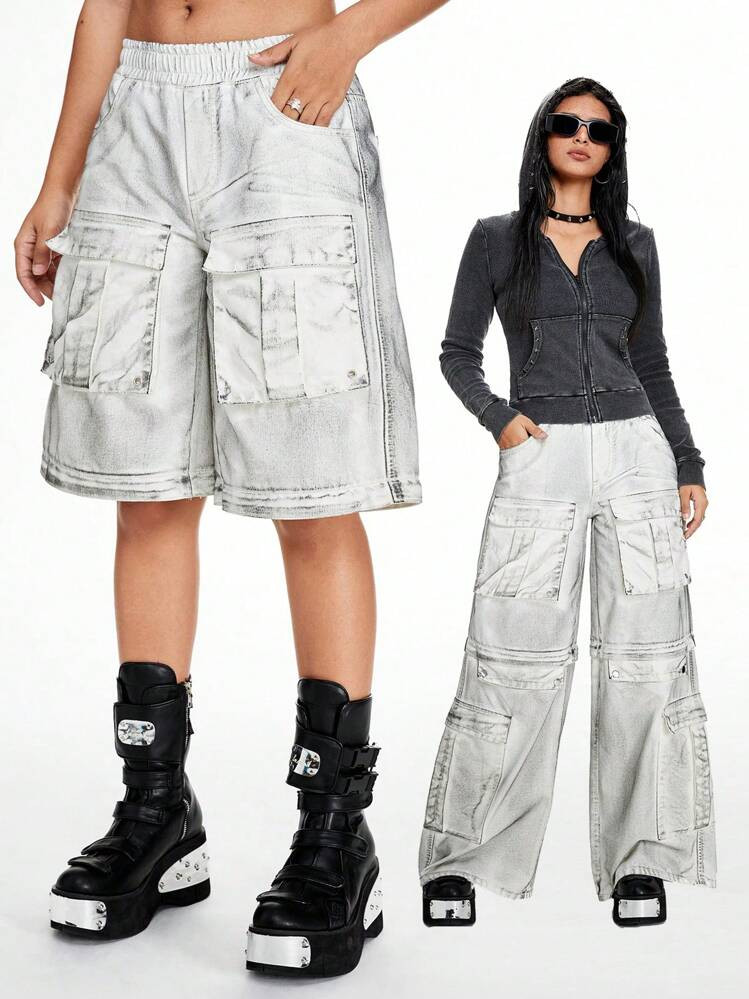 ROMWE Grunge Punk Unisex Pioneer Vintage Distressed Multi-Pocket Detachable Two-Way Baggy Wide Le... | SHEIN