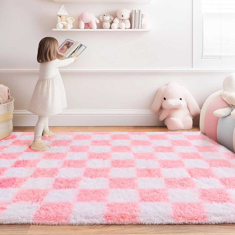 Checkered Rugs for Bedroom, 4x6 Ultra Fluffy Fuzzy Shag Area Rug for Living Room, Modern Plush So... | Amazon (US)