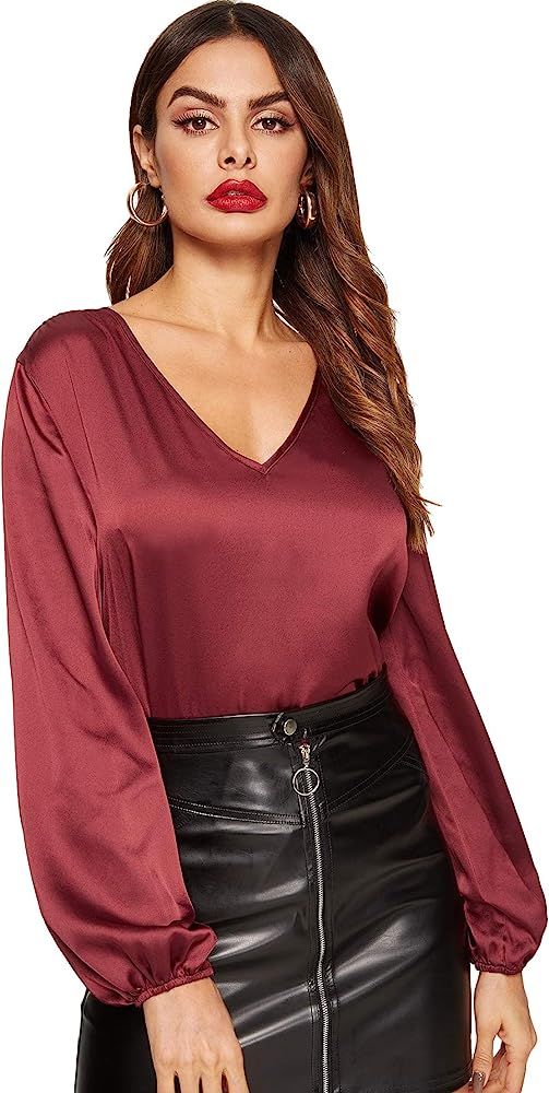 ROMWE Women's Elegant V-Neck Bishop Long Sleeve Casual Satin Blouse Top | Amazon (US)