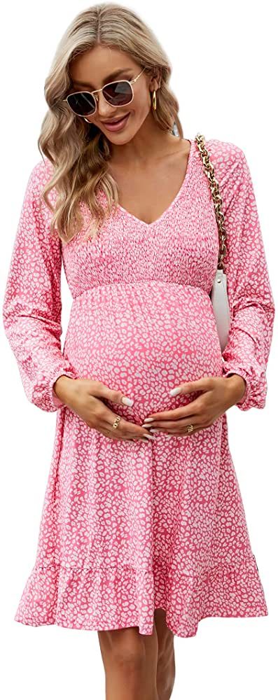 Coolmee Women's Maternity Short Sleeve Ruffle Dress V Neck Summer Casual Smocked Flowy Midi Dress... | Amazon (US)