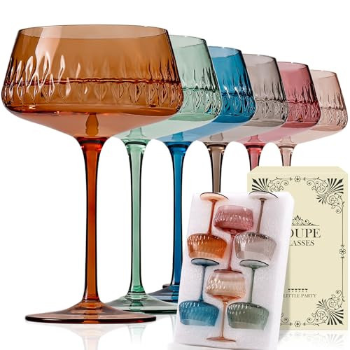 JOVGANK Colored Martini Set of 6, Hand Blown Colorful Cocktail Glasses 14Oz, Vintage Champagne Coupe, Large Margarita, Crystal Retro Style Bar Drinking, Multicolor | Amazon (US)