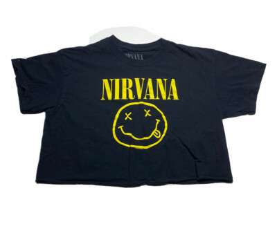 Nirvana Crop Top T-Shirt Size Small Black Yellow Smiley Face Logo Tee | eBay US