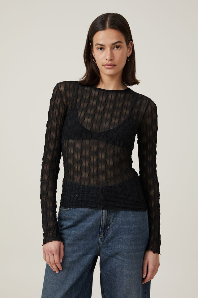 Halle Textured Mesh Crew Neck Long Sleeve Top | Cotton On (US)