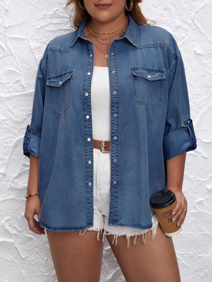 SHEIN LUNE Plus Flap Pocket Roll Tab Sleeve Denim Shirt | SHEIN