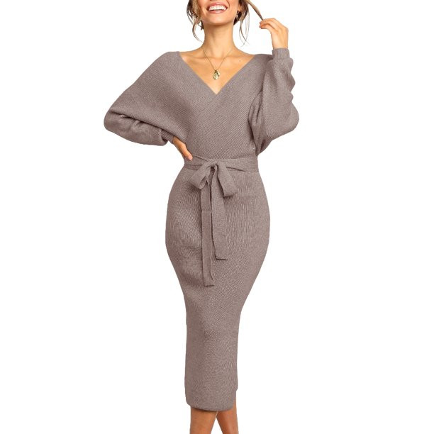 SySea Women Long Maxi Sweater Dresses Sexy Wrap Batwing V Neck Slit Open Back Holiday Bodycon Dre... | Walmart (US)
