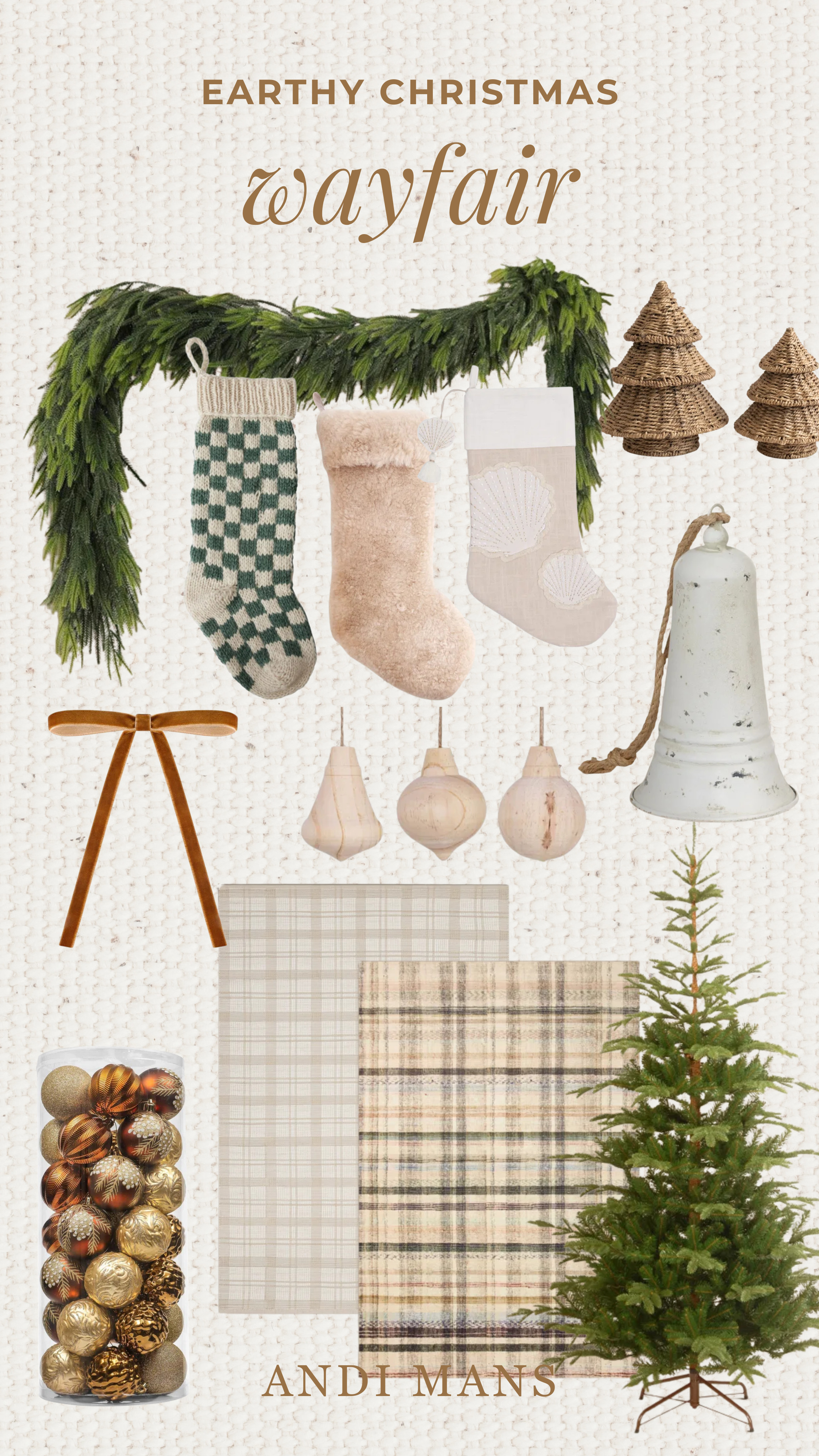 My favorite Christmas decor finds from Wayfair to style a cozy, neutral holiday home! This collection has classic Christmas stockings, lush greenery garland for the mantel or staircase, natural rattan trees, white bell decor, timeless ornaments, and a full faux Christmas tree finished with beautiful ribbon. I also rounded up soft area rugs for the living room to tie the whole space together and add warmth all season long. These pieces bring an organic, elevated look that feels festive without being overdone. Perfect for neutral home decor lovers, mantel styling, and anyone wanting Christmas decor that blends right into their everyday home. Shop my Wayfair Christmas decor favorites and create a warm, inviting space for the holidays!  

 #LTKSeasonal #LTKHome #LTKSaleAlert