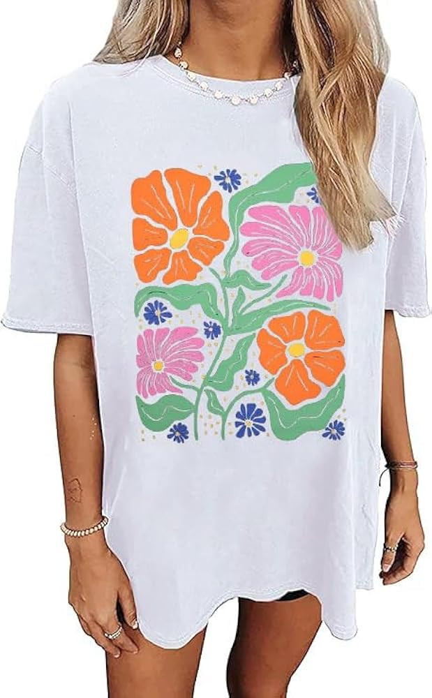 Oversized Graphic T-Shirt for Women Vintage Floral Shirt Rock Band Music Guitar Tee Casual Holida... | Amazon (US)
