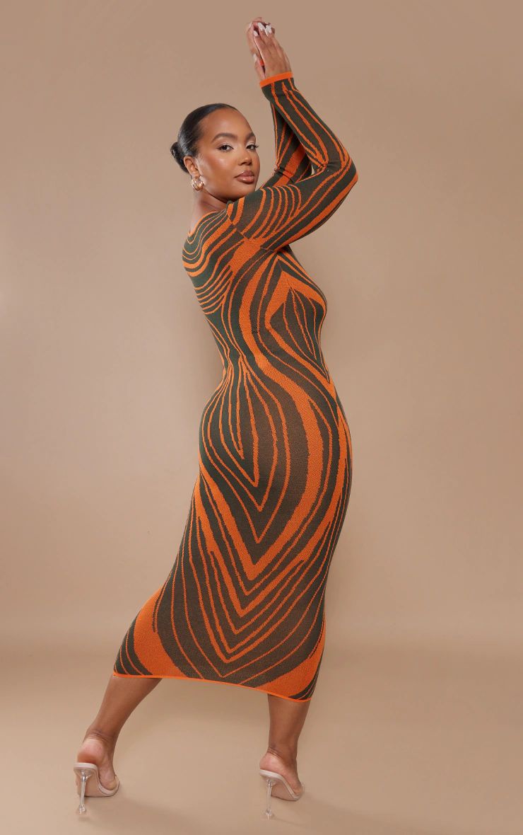 Plus Khaki Striped Knitted Midaxi Dress | PrettyLittleThing US