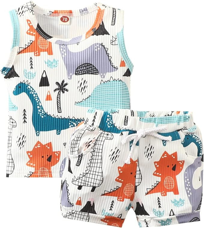 Newborn Baby Boys Summer Outfit Set Cartoon Dinosaur Print Sleeveless Tank Tops and Ribbed Shorts... | Amazon (US)
