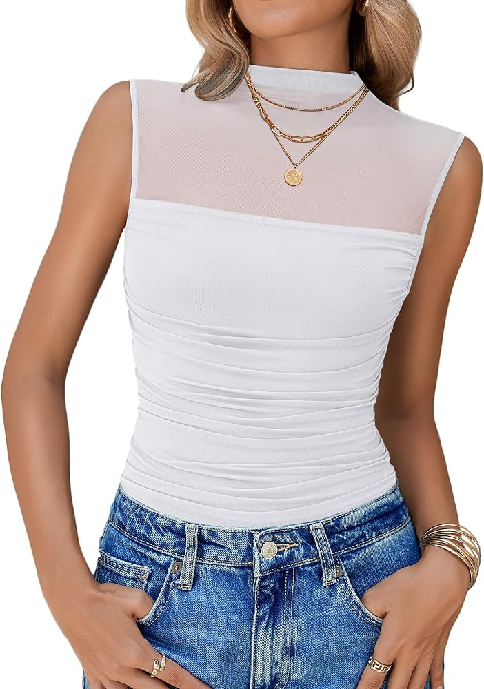 Avidlove Women's Mock Neck Mesh Bodysuit Ruched Tank Body Suits Top Sheer One Piece Going Out Top... | Amazon (US)