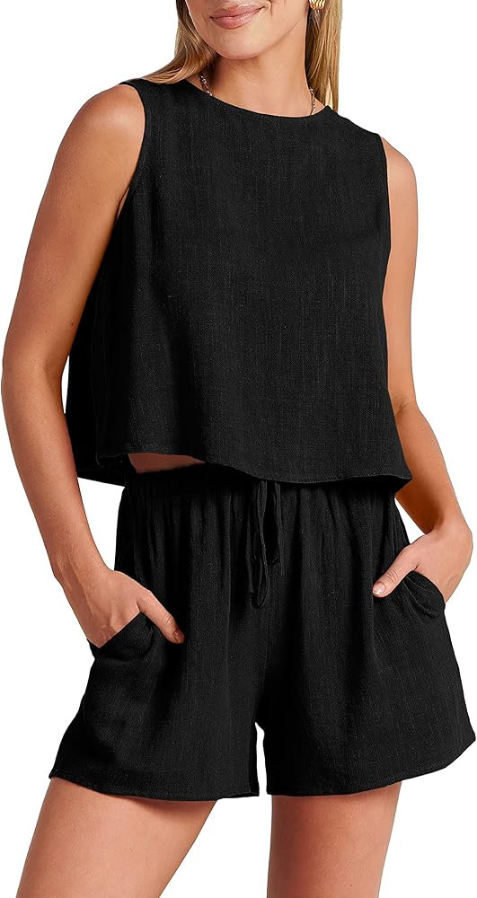 Caracilia Women's Summer 2 Piece Outfits Linen Shorts Sets Crew neck Sleeveless Crop Tank Top and... | Amazon (US)