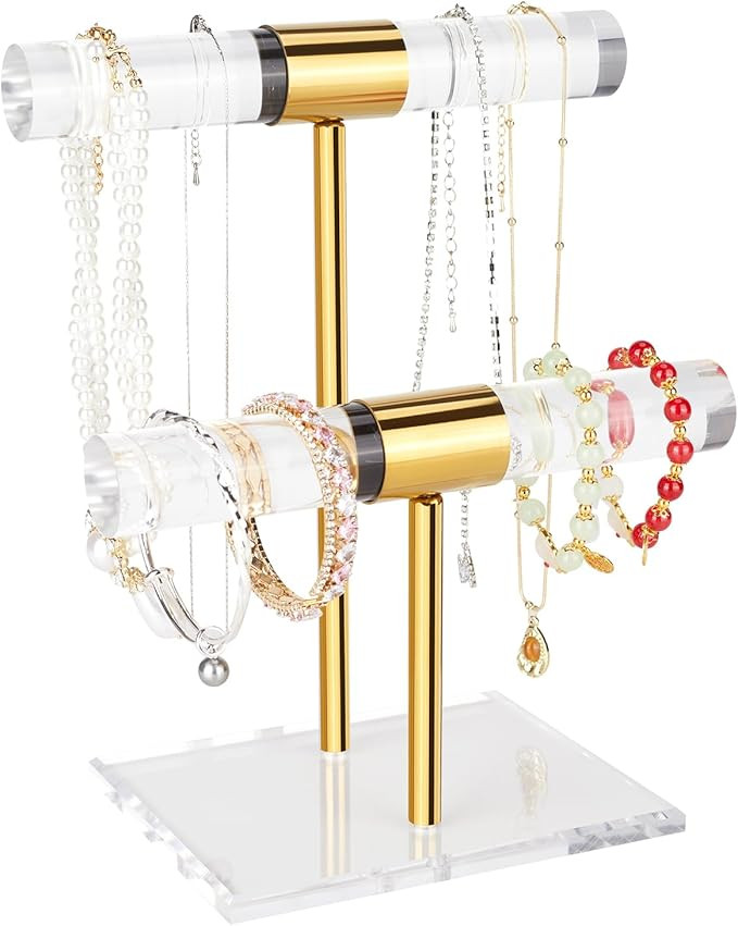 Necklace Holder Bracelet Holder, 2-Tier Acrylic Jewelry Display Stand Gold Jewelry Tower Stand Cr... | Amazon (US)