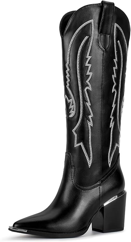 ISNOM Cowboy Boots for Women with Pointed Metal Toe, Cowgirl Boots Women Knee High with Block Chu... | Amazon (US)