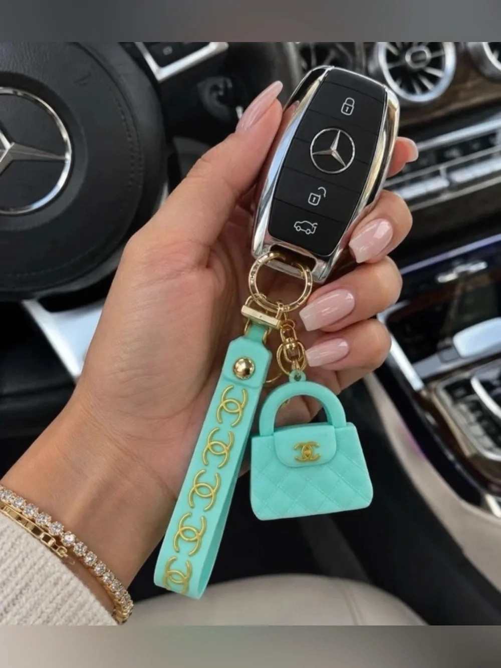 Mint Green Quilted Mini Handbag Keyring with Gold Logo Strap | Poshmark