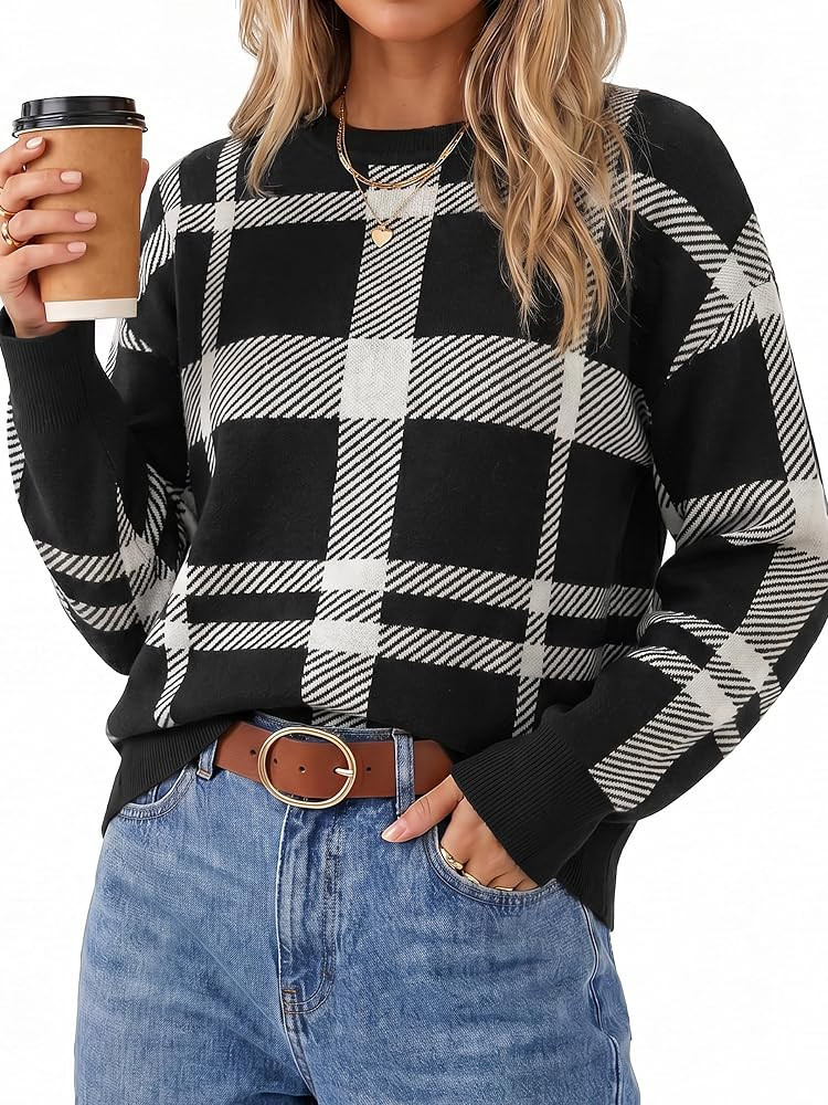 Arach&Cloz Women's Wool Blend Crew Neck Color Block Pullover Sweater | Amazon (US)
