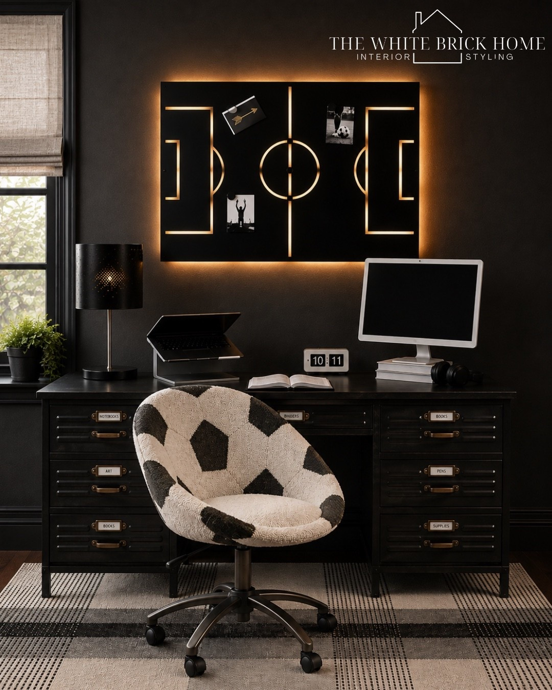 A sleek soccer inspired work space where bold design, warm lighting, and elevated details turn homework into game time. 
🖤🖤
Boys room, boys bedroom, kids room, kids bedroom, boys room furniture, moody boys bedroom, moody bedroom, moody bedroom design, kids room, kids bedroom, kids bedroom design, kids room decor, boys room desk, boys room desk chair, boys room rug, boys room wall art, organizers, teen boy, teen boy bedroom. Teen bedroom, sports bedroom, sports room, sports room design, sports room decor, sports room ideas, kids bedroom ideas, desk, pottery barn teen, wayfair

#LTKHome #LTKSeasonal #LTKKids