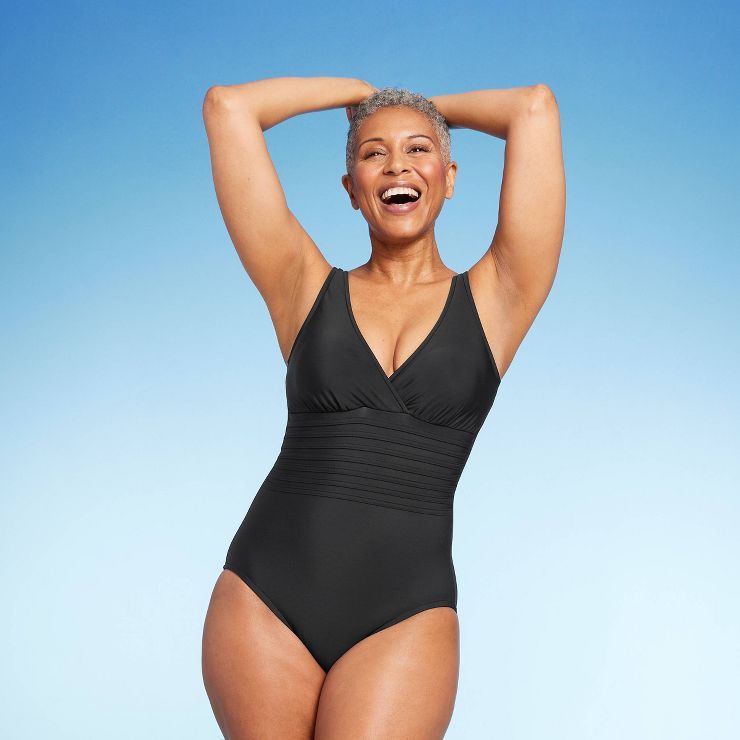 Women's Waist Detail Over the Shoulder One Piece Swimsuit - Aqua Green® | Target