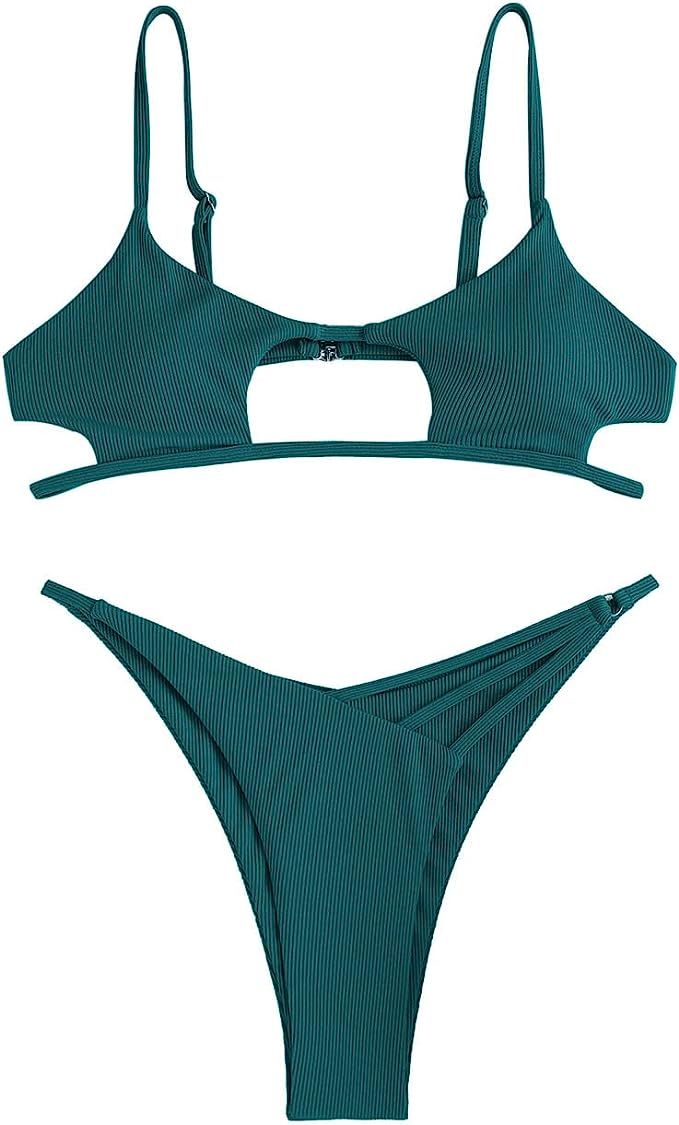 ZAFUL Womens Sexy Spaghetti Strap Hollow Out Braided Ribbed Cutout Bikini Sets | Amazon (US)