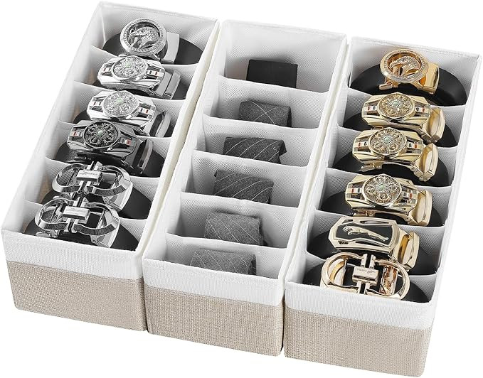 3 Packs Fabric Belt Organizer, 6 Grids Belt Organizer for Closet and Drawer, Foldable Dresser Dra... | Amazon (US)