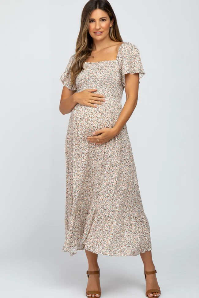 Ivory Floral Smocked Maternity Maxi Dress | PinkBlush Maternity