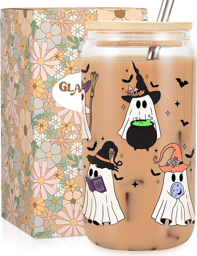 Fairy's Gift Witch Ghost Halloween Cup, Spooky Iced Coffee Glass Tumbler, 16 oz Cute Ghost Cups w... | Amazon (US)