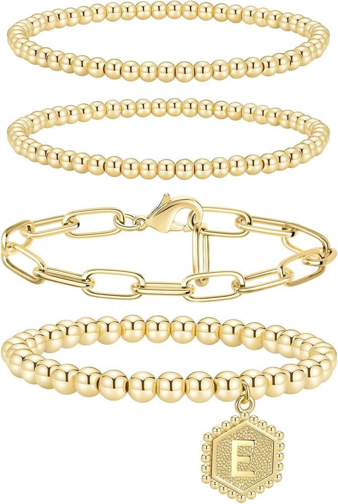 Doubgood Gold Beaded Bracelets for Women Stackable Bead Bracelet Set 14K Gold Plated Initial Stretch | Amazon (US)