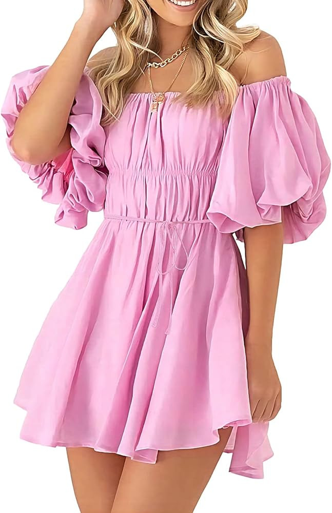 PRETTYGARDEN Women's Off The Shoulder Babydoll Dress Short Puff Sleeve Casual A Line Ruffle Summer D | Amazon (US)