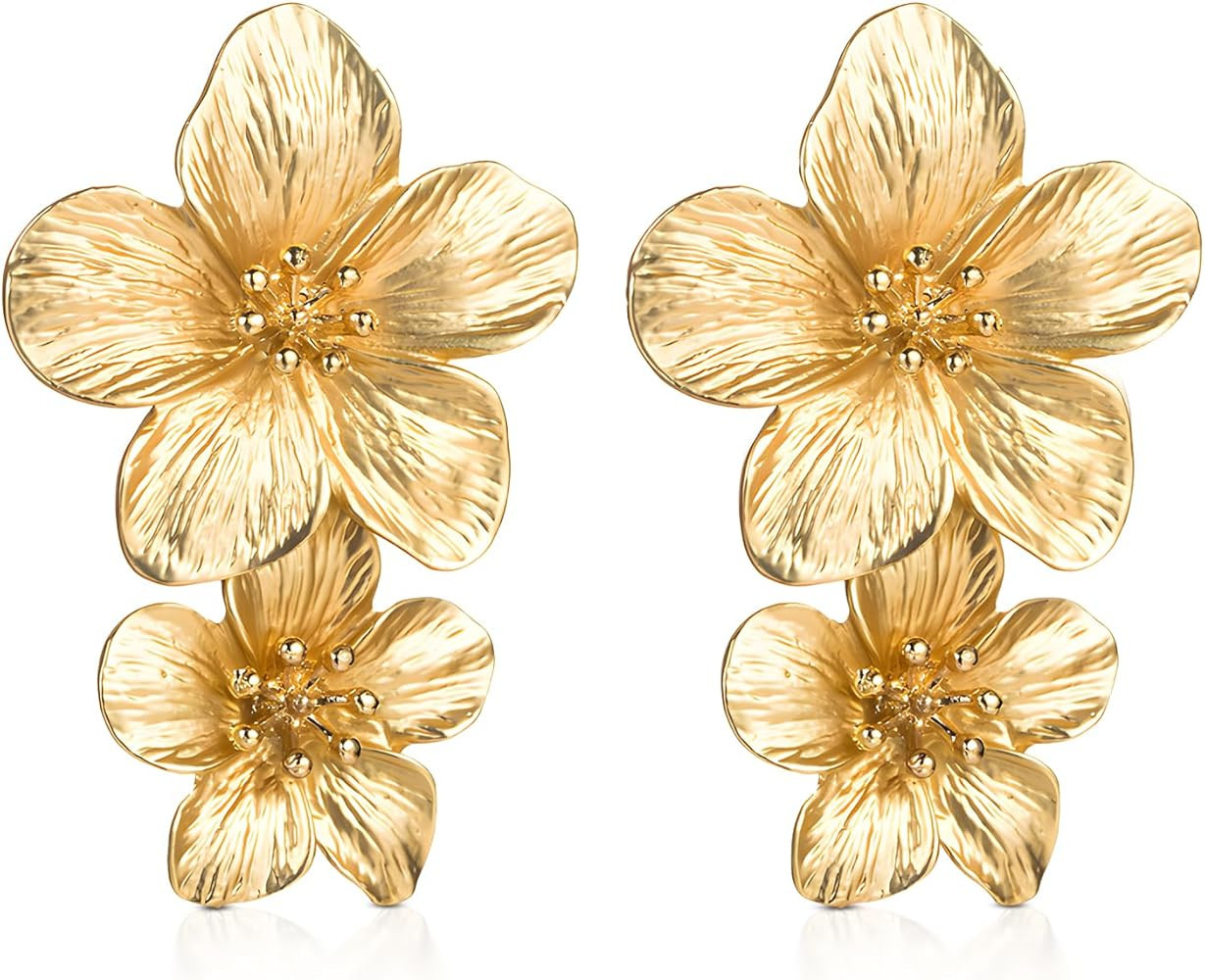 GALAMAX Gold Flower Earrings, Large Statement Earrings, Big Vintage Dangle Flower Earrings, Boho ... | Amazon (UK)