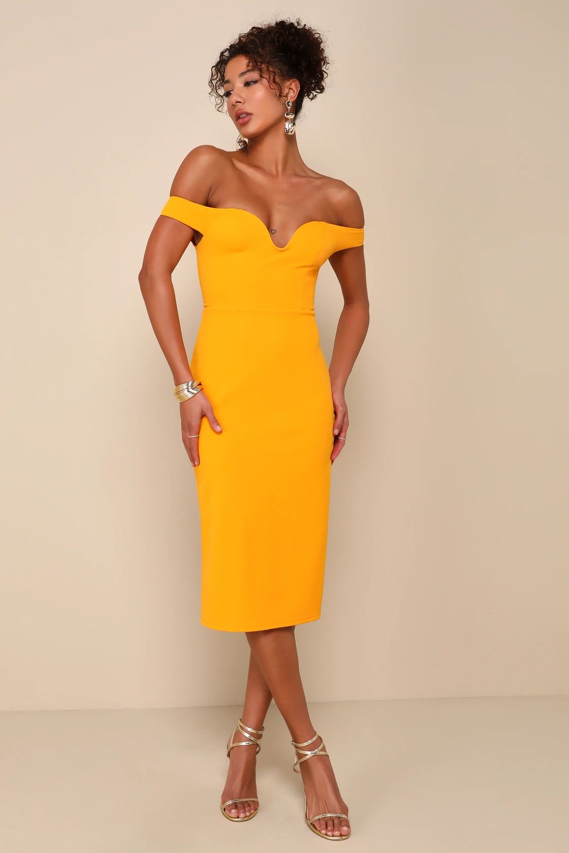 Soiree Favorite Golden Yellow Off-the-Shoulder Midi Dress | Lulus