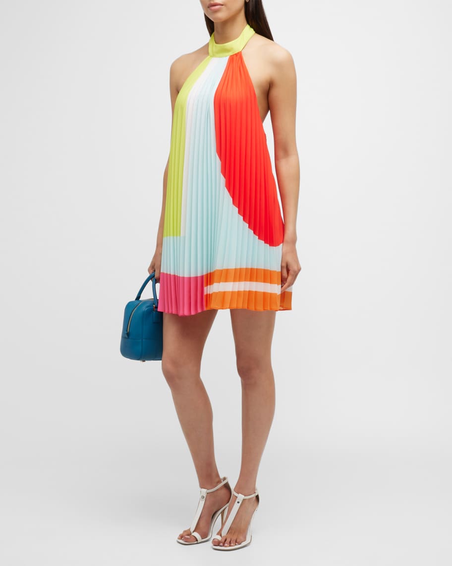 Alice + Olivia Aviana Abstract-Print Pleated Halter Mini Dress | Neiman Marcus