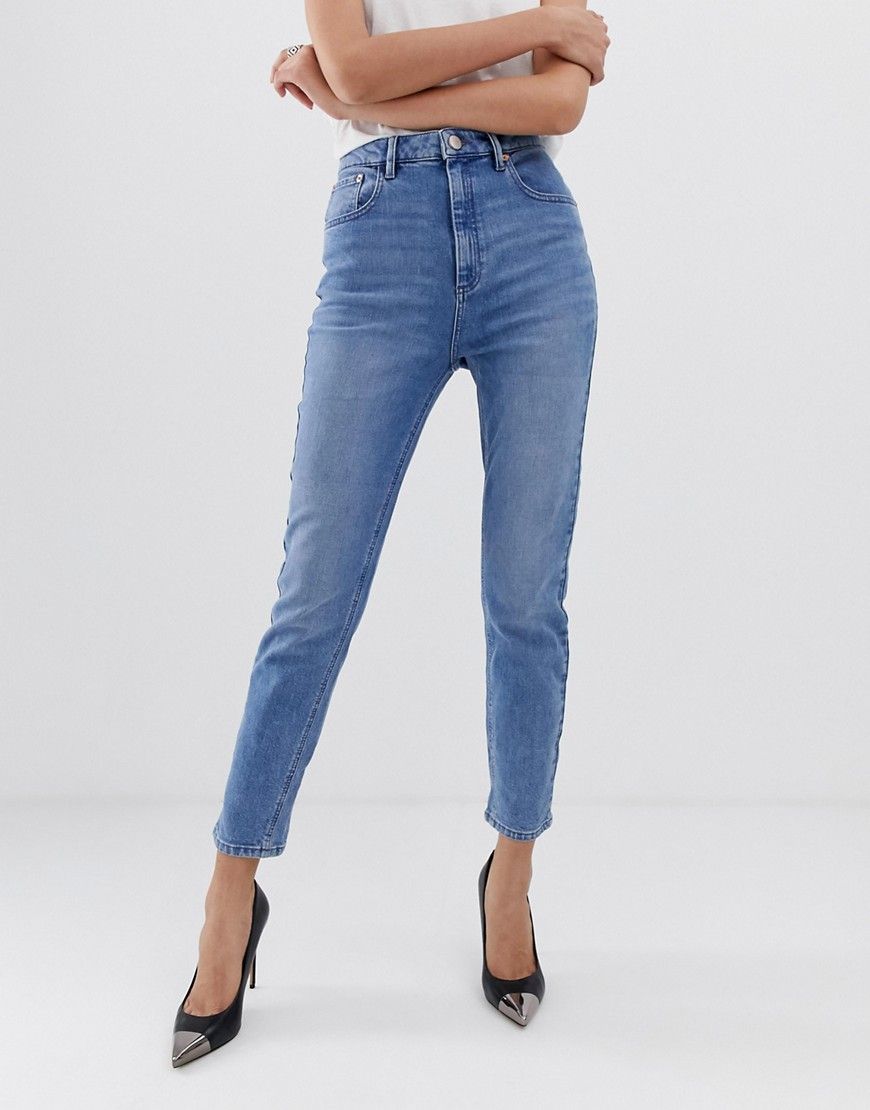 ASOS FARLEIGH High Waist Slim Mom Jeans in Prince Wash - Blue | ASOS US
