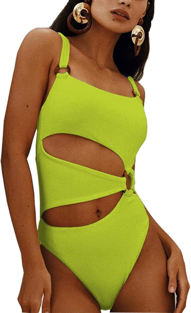 YIMISAN Women's One Piece Swimsuit Ring Cut Out Front High Cut Cheeky Bathing Suit Monokini Swimw... | Amazon (US)