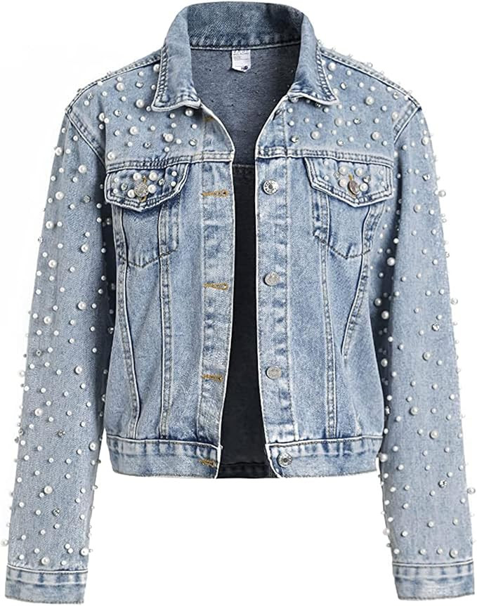 LifeShe Women's Pearls Denim Jacket Cropped Rhinestones Jean Jacket Coat | Amazon (US)
