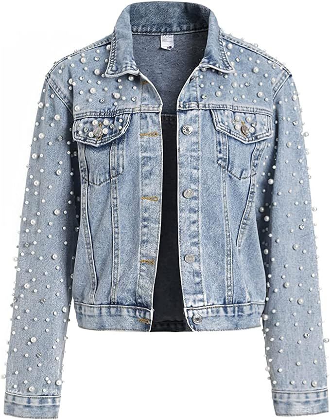 LifeShe Women's Pearls Denim Jacket Cropped Rhinestones Jean Jacket Coat | Amazon (US)
