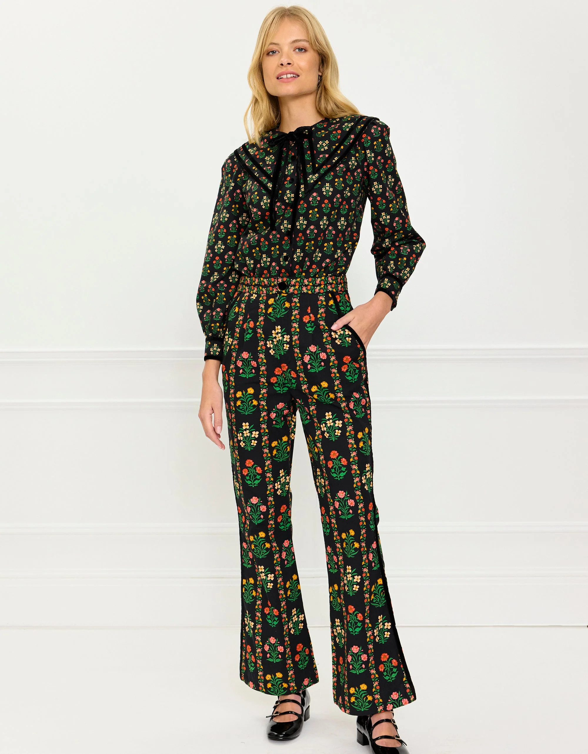 Rose Border Romy Trousers – Black Floral Cotton | Pink City Prints | Pink City Prints UK