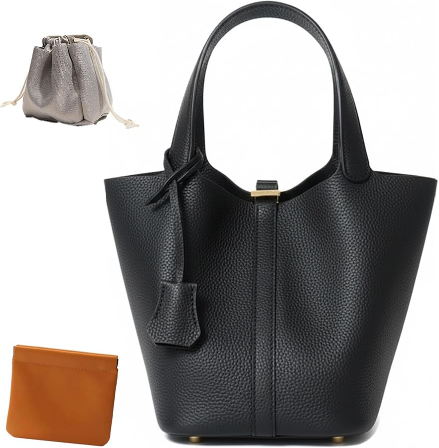 Genuine Leather Lock Design Bucket Bag Vegetable Basket, Fashionable and Versatile Satchel Handba... | Amazon (US)