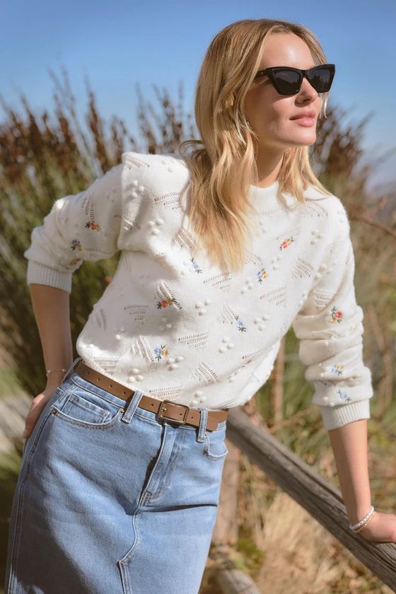 Sweet Suggestion Ivory Floral Embroidered Textured Sweater | Lulus
