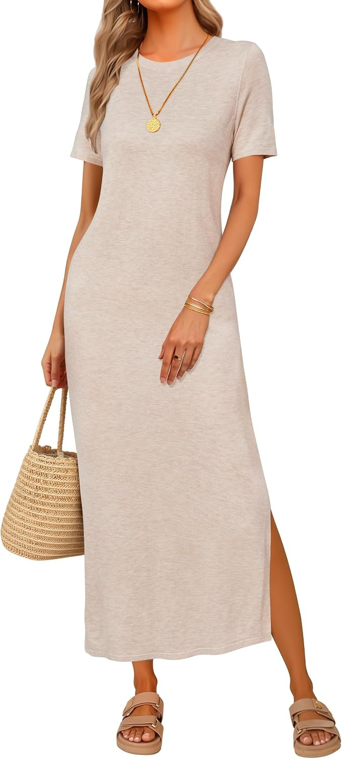 Arach&Cloz Women's Wool Blend Fall Business Casual T Shirts Maxi Dress | Amazon (US)