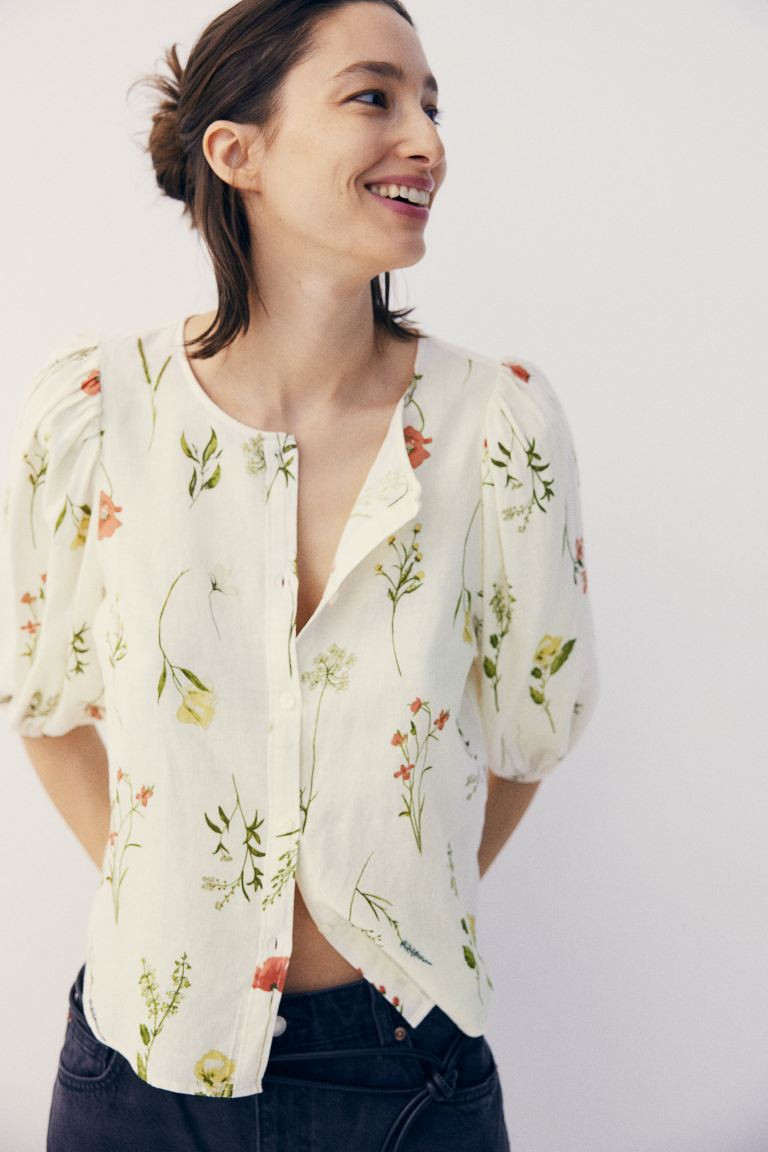 Linen-blend Blouse - Cream/floral - Ladies | H&M US | H&M (US + CA)