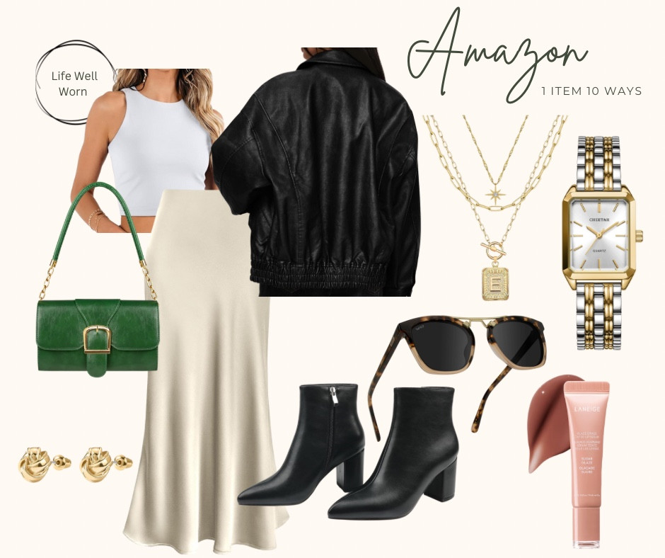 Day 9 of style 1 skirt 10 ways. #amazon #midiskirt #leatherjacket #capsulewardrobe 

#LTKootd #LTKStyleTip #LTKFindsUnder50