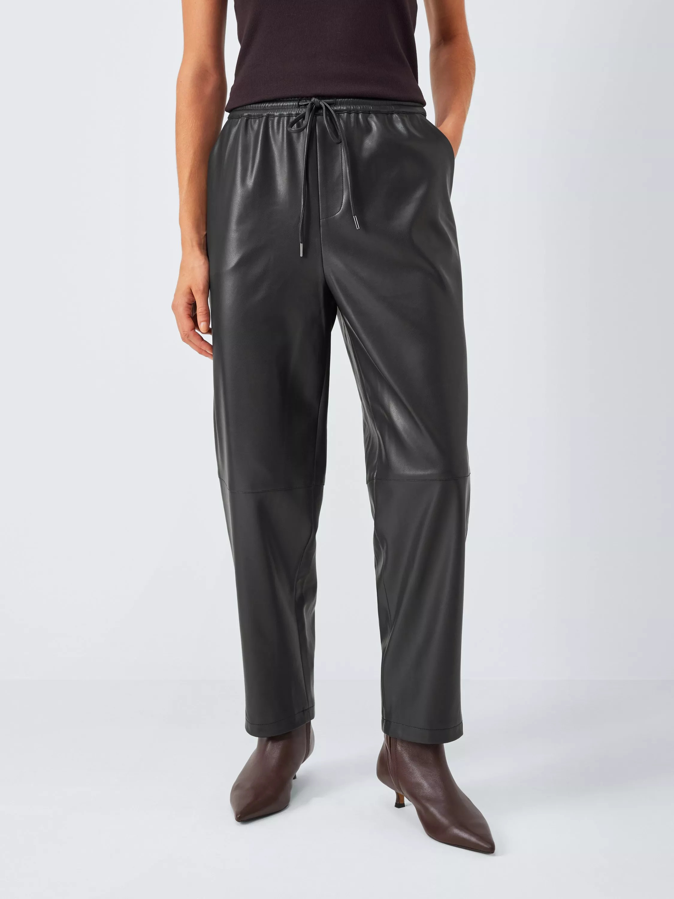 John Lewis Faux Leather Straight Leg Tailored Trousers, Black | John Lewis (UK)