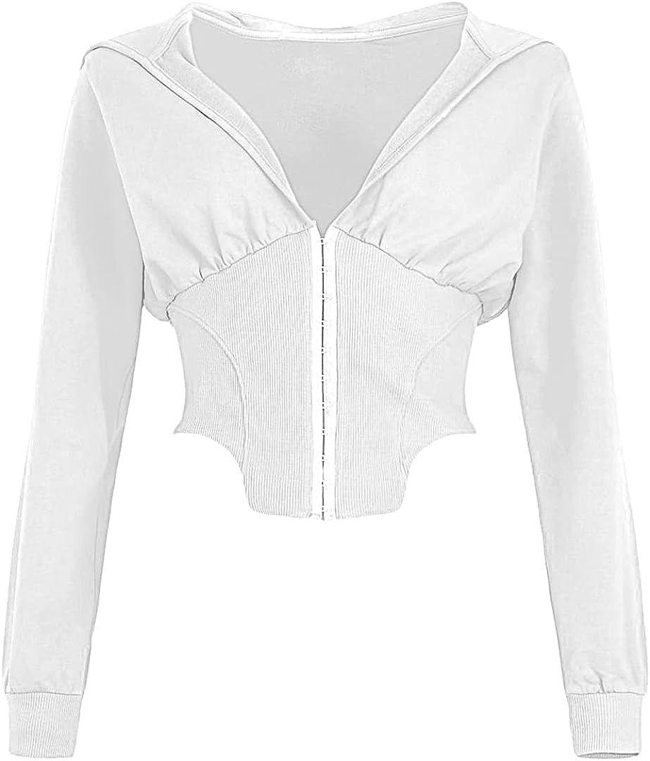Memoriesea Women's Fashion V Neck Long Sleeve Front Hook Closure Hoodie Cropped Sweatshirt | Amazon (US)