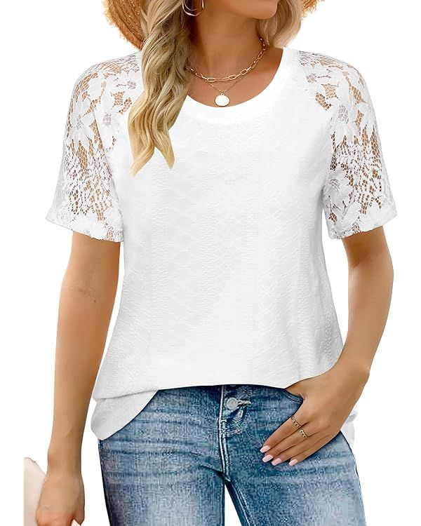 Womens Summer Tops Trendy White Lace Short Sleeve T Shirts Casual Loose Textured Tunic Blouses Fa... | Amazon (US)
