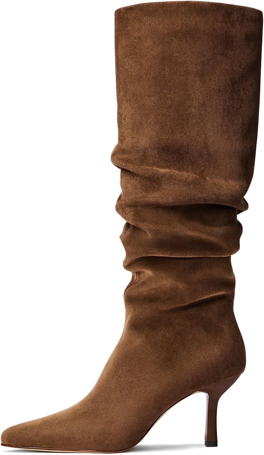 Knee High Boots for Women - Suede Ruched Women's Tall Boots with Pointed Toe Kitten Heel Pull On Zipper, Slouch Fashion for Fall Winter | Amazon (US)