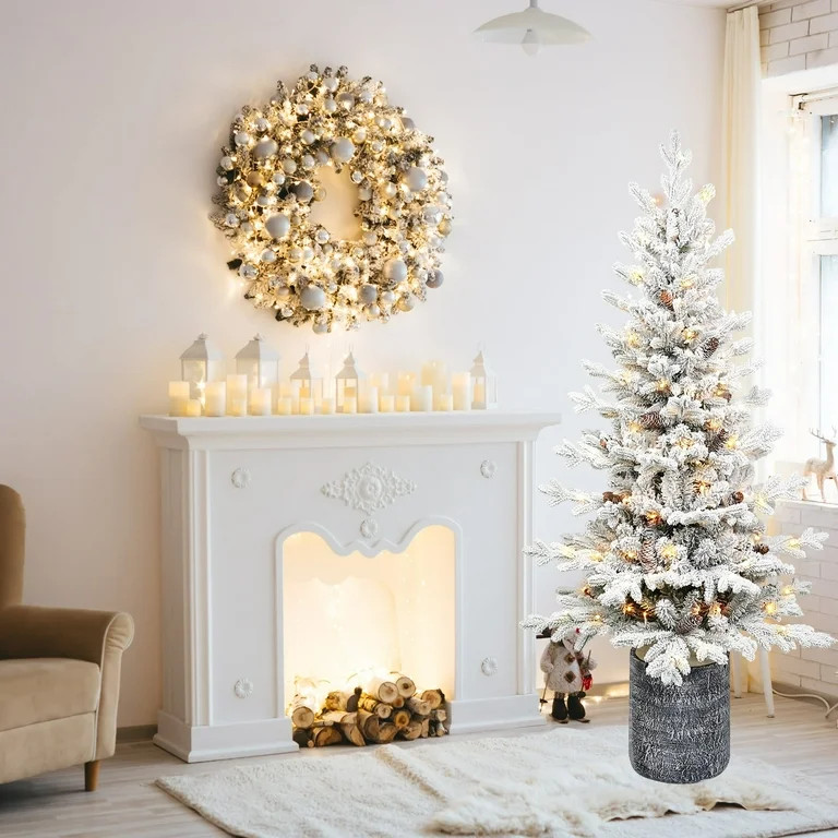 Makeatree 3FT Pre-lit Potted Snow Flocked Christmas Tree Tabletop Small Artificial Xmas Tree & 70... | Walmart (US)