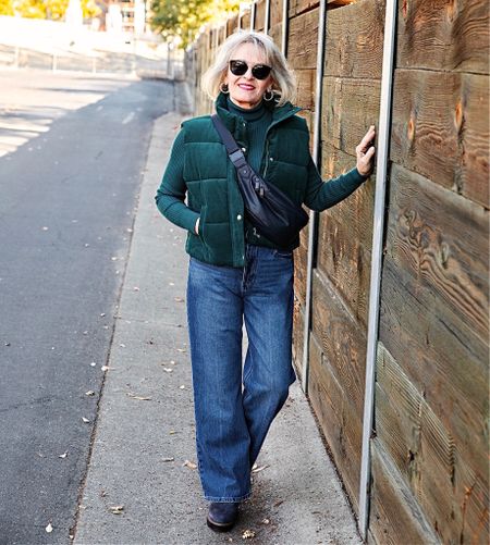 Soft corduroy puffer vest in the most gorgeous teal green. Coordinating turtleneck, wide leg jeans, navy lug sole booties and navy sling bag. 
#falloutfits #cozystyle

#LTKfindsunder100 #LTKshoecrush #LTKover40