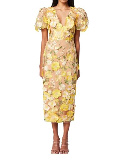 Women's 3D Floral Embroidery Dress Ruffle Sleeve Fishtail Lace Bodycon Party Cocktail Mini Dress(V-Neck，Yellow,L) | Amazon (US)