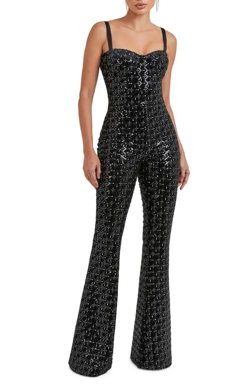 NADINE MERABI Hailey Sequin Sleeveless Flare Jumpsuit in Black at Nordstrom, Size 2 | Nordstrom
